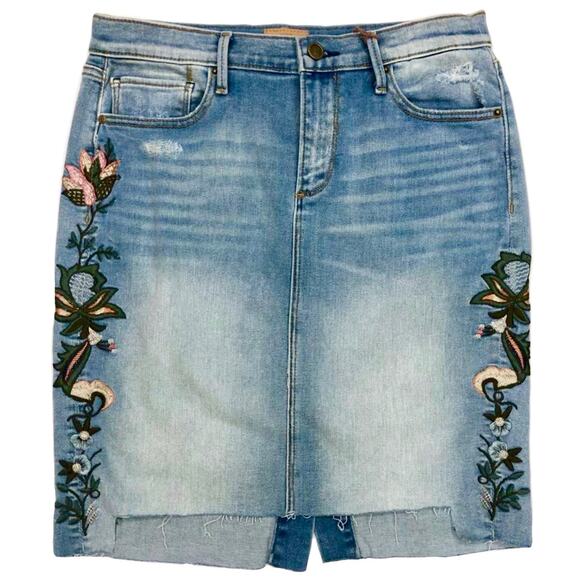 DRIFTWOOD Dresses & Skirts - Driftwood Skylar Distressed Floral Embroidered Denim Skirt Blue 27